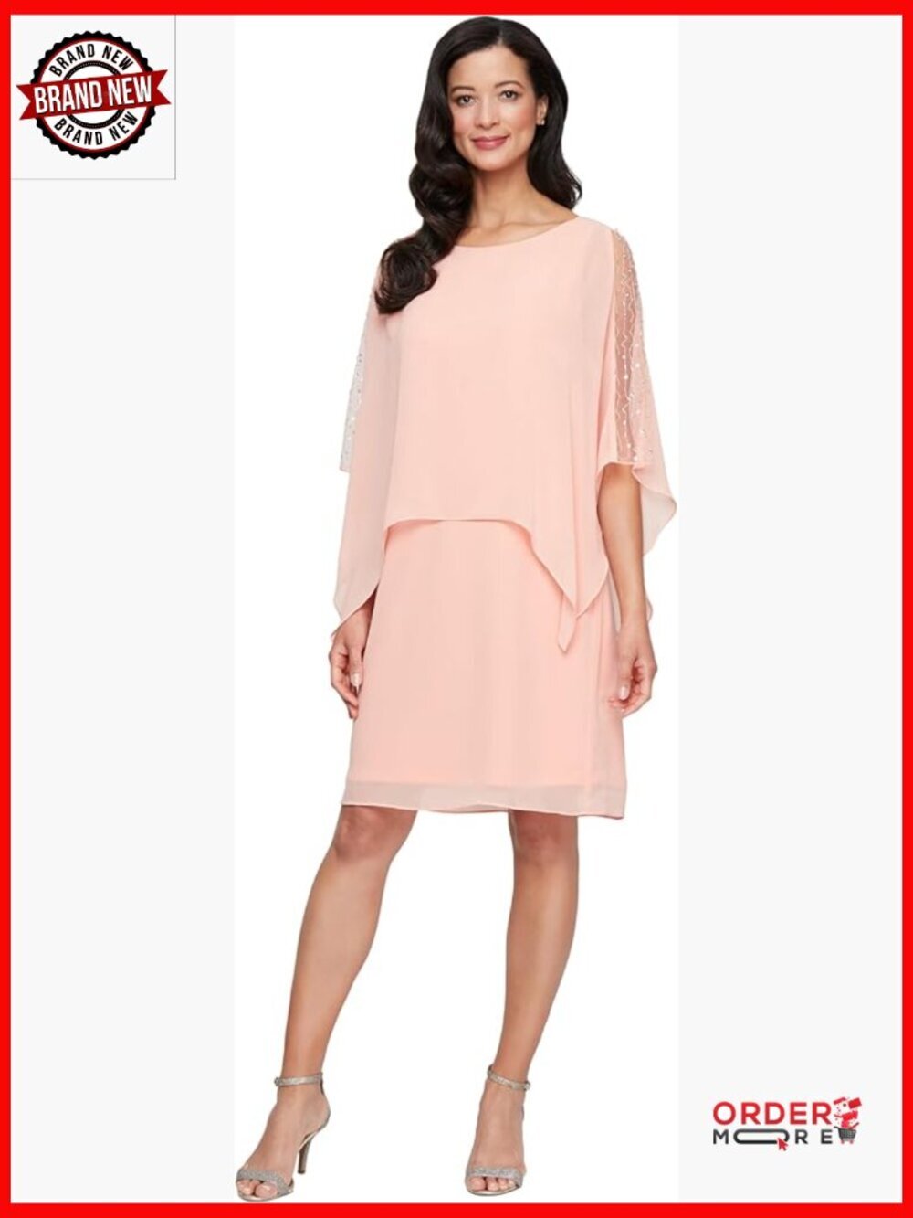 Short Chiffon Capelet Dress with Beaded Shoulders, Sheath Style, Knee-Length,